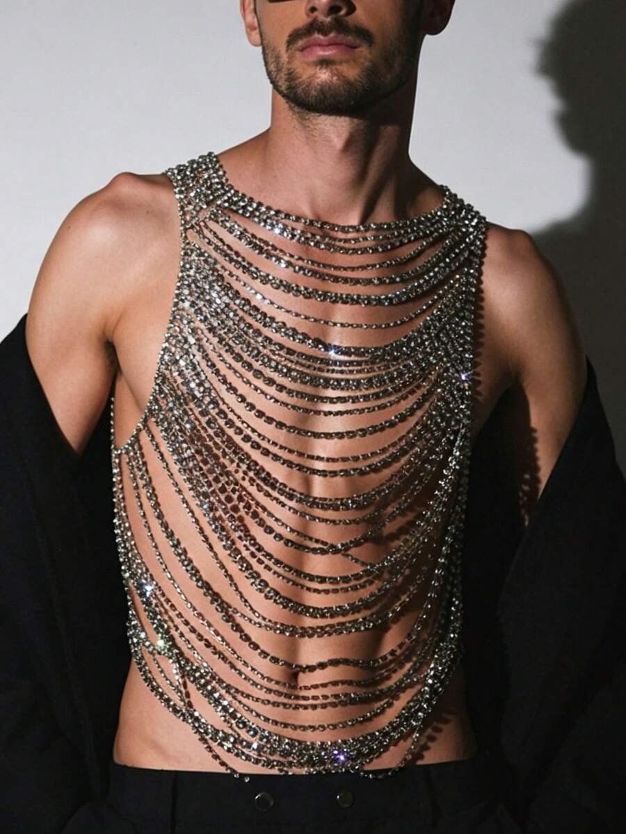 Fashionable Luxury Rhinestone Body Chain, Sexy Multi-Layer Tassel Crystal Tassel Chest Chain For Men And Women