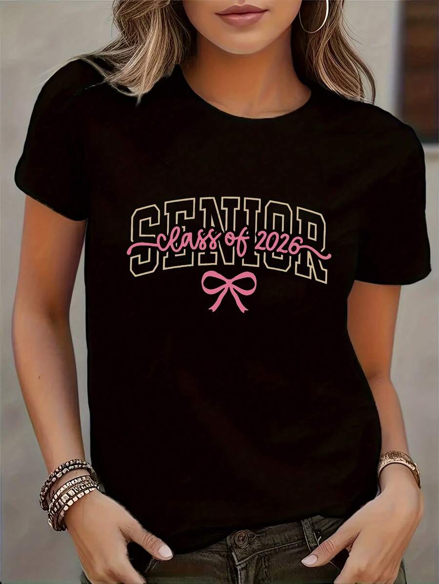 1 camiseta estampada de moda femenina para la temporada de graduación, cuello redondo casual, manga corta, transpirable, lavable a máquina, 180g 100% algodón. - Negro - Ver 1
