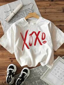 Camiseta de manga corta con estampado de letras, cuello redondo casual para verano y primavera, ropa de mujer - Blanco - Ver 1
