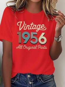 Women's Vintage 1956 T-Shirt With 100% Original Components - 100% 1950s Retro Style, Comfortable Casual Short-Sleeved, Round Neck, And Loose Fit, Featuring A Vintage 1956 Print And Mid-Century Modern Style (Machine Washable) - Suitable For Themed Events And Everyday Wear - Vintage Design With Red And Gold Geometric Pattern And Distressed Lettering - Loose Fit For All Seasons, Women's Short-Sleeved T-Shirt, Casual Blouse. - 紅色 - 查看 1