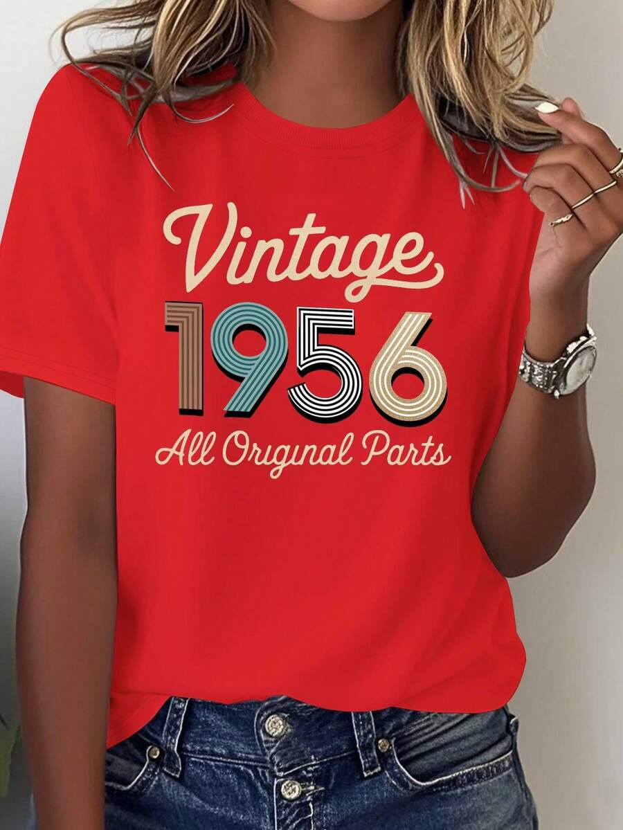 Women's Vintage 1956 T-Shirt With 100% Original Components - 100% 1950s Retro Style, Comfortable Casual Short-Sleeved, Round Neck, And Loose Fit, Featuring A Vintage 1956 Print And Mid-Century Modern Style (Machine Washable) - Suitable For Themed Events And Everyday Wear - Vintage Design With Red And Gold Geometric Pattern And Distressed Lettering - Loose Fit For All Seasons, Women's Short-Sleeved T-Shirt, Casual Blouse. - 紅色 - 查看 1