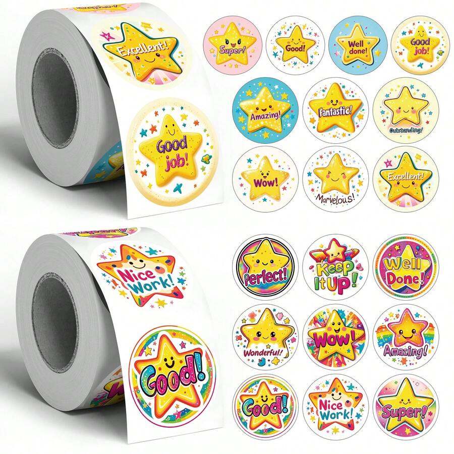 500pcs Yellow Motivational Star Doodle Stickers, 2 Styles Available, 1 Inch Round Seal Labels, Suitable For Envelopes, Magazines, Phone Cases, Water Bottles, Laptops, Scrapbooking, Party Favors, PVC Waterproof Stickers School Supplies - Yellow Encouragement Star - View 1