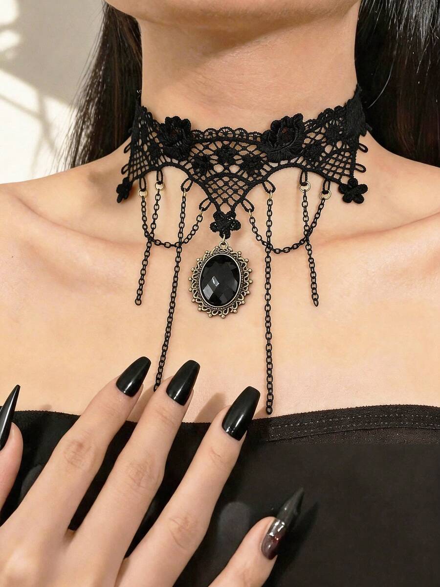 1pc Women's Retro Gothic Choker Necklace, Dark Style Lace Collar Necklace - Multicolor - View 1