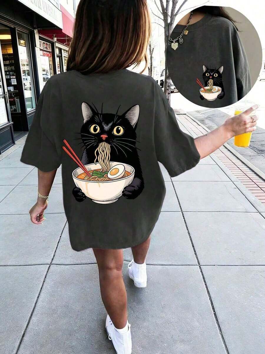 Camiseta de cuello redondo con estampado divertido de gato para niña preadolescente, top de verano - Gris Oscuro - Ver 1