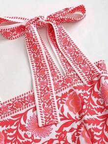 Vestido vintage de mujer con cintura anudada y estampado floral diminuto, de peso ligero y lujoso, sin mangas, rojo, ajustado, sexy, adecuado para vacaciones de verano y fiestas - Rojo 2 - Ver 3