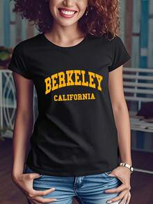 Women's T-Shirt, Berkeley California Arch Graphic Print, Classic Crew Neck Short Sleeve Tee, Soft Breathable Lightweight Casual Top, Ideal For Daily Wear, School, Sports, Vacation, Weekend Outings, Comfortable Relaxed Fit Women's Casual Shirt, Available In XS-XXL - màu đen - Xem 1
