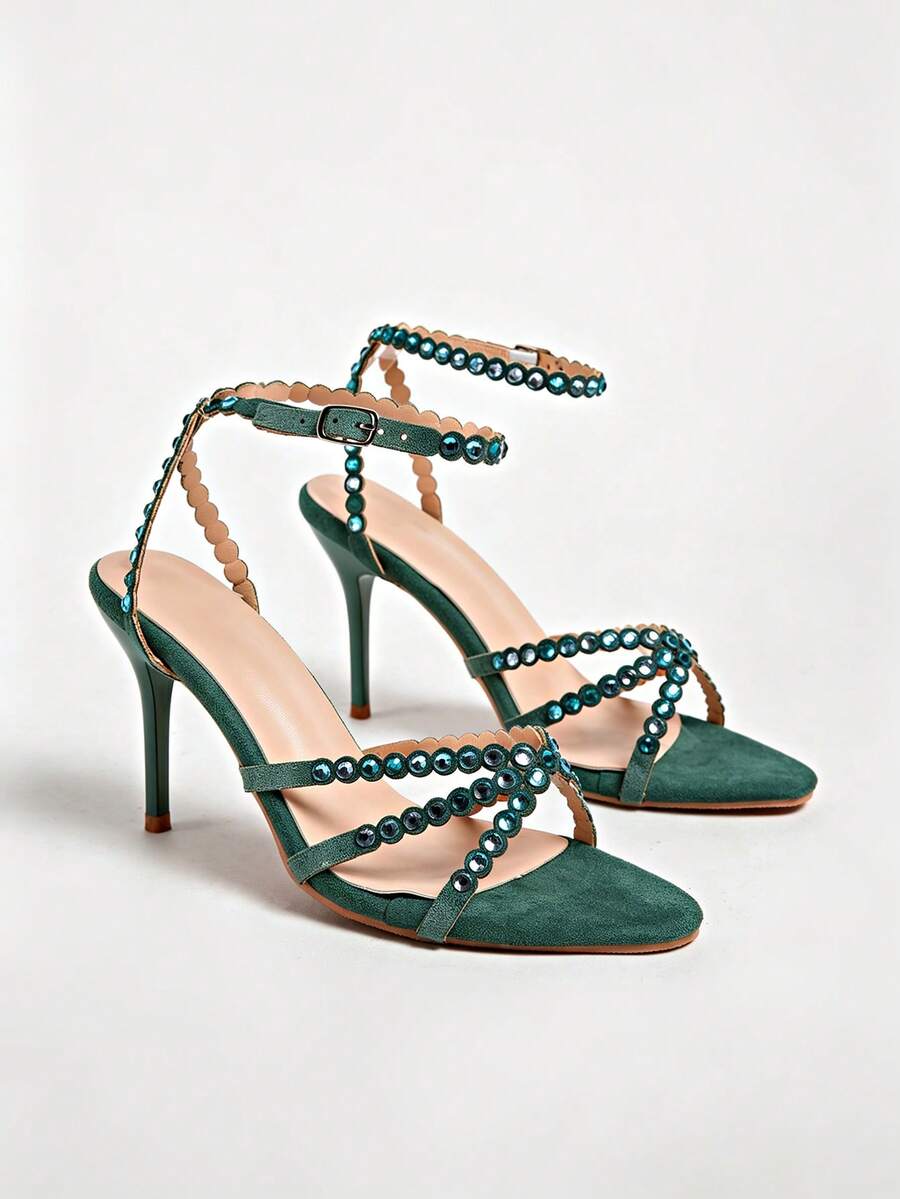 2025 New Black Rivet Decor High Heel Sandals, Elegant Versatile Pointed Toe Mules For Women - Green - View 1