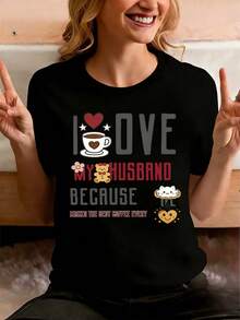 Camiseta de mujer con el estampado "Amo a mi esposo, amo a mi esposa" - cuello redondo, holgada y cómoda, linda y clásica, adecuada para uso casual en otoño o para viajes diarios, ropa cómoda para el hogar, camiseta duradera para dormir, tela cómoda, mangas cortas. - Negro - Ver 6