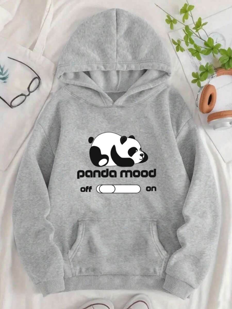 MSUGO Patrón de Panda Adorable, Combinado con Diseño de Texto Panda Mood Sudadera con Capucha de Forro Polar para Mujer con Bolsillo y Letras Impresas con Patrón Personalizado - Gris - Ver 1
