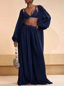 Conjunto de kimono y pantalones palazzo elegantes y casuales para la playa, 2026 - Azul marino - Ver 6