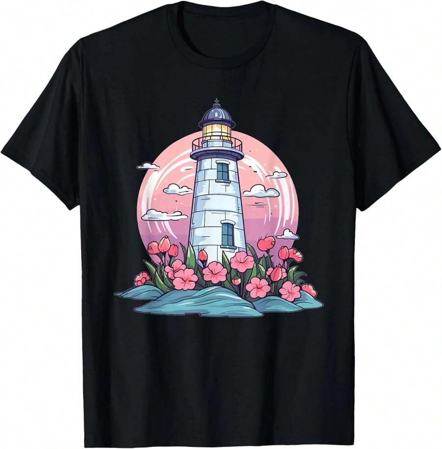 Camiseta Estética con Diseño de Faro y Flores, unisex, en negro y blanco, ideal para regalo. - Negro - Ver 1
