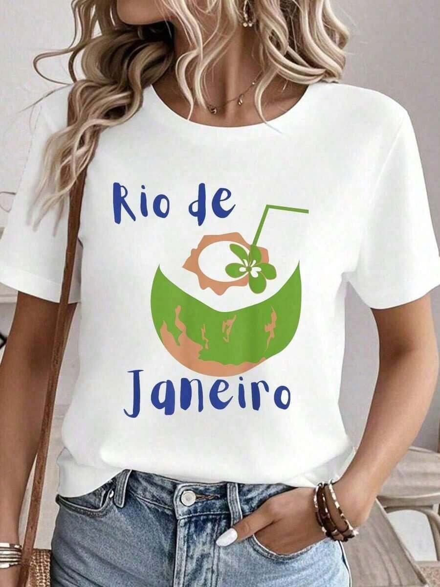 Camiseta con estampado de coco de Río de Janeiro, camisetas gráficas para mujer, tops de verano, camiseta de cuello redondo, 100% algodón, ropa para mujer, conjuntos para mujer, ropa de otoño para mujer, tops para mujer, camiseta blanca. - Blanco - Ver 1