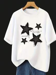 Ropa de mujer Y2K de estilo relajado, popular en primavera y verano, con diseños de estrellas y letras, la primera blusa cómoda para mujer, blusas para mujer, blusas casuales para mujer, tops para mujer, tops, unisex. - Blanco - Ver 6