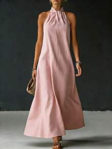 Women's Halter Neck Knot Front Sleeveless Maxi Dress, High Neck Flowy A-Line Floor-Length Dress, Casual Loose Fit Swing Dress For Beach Vacation, Resort Wear And Summer Daily - 粉色 - 查看 4