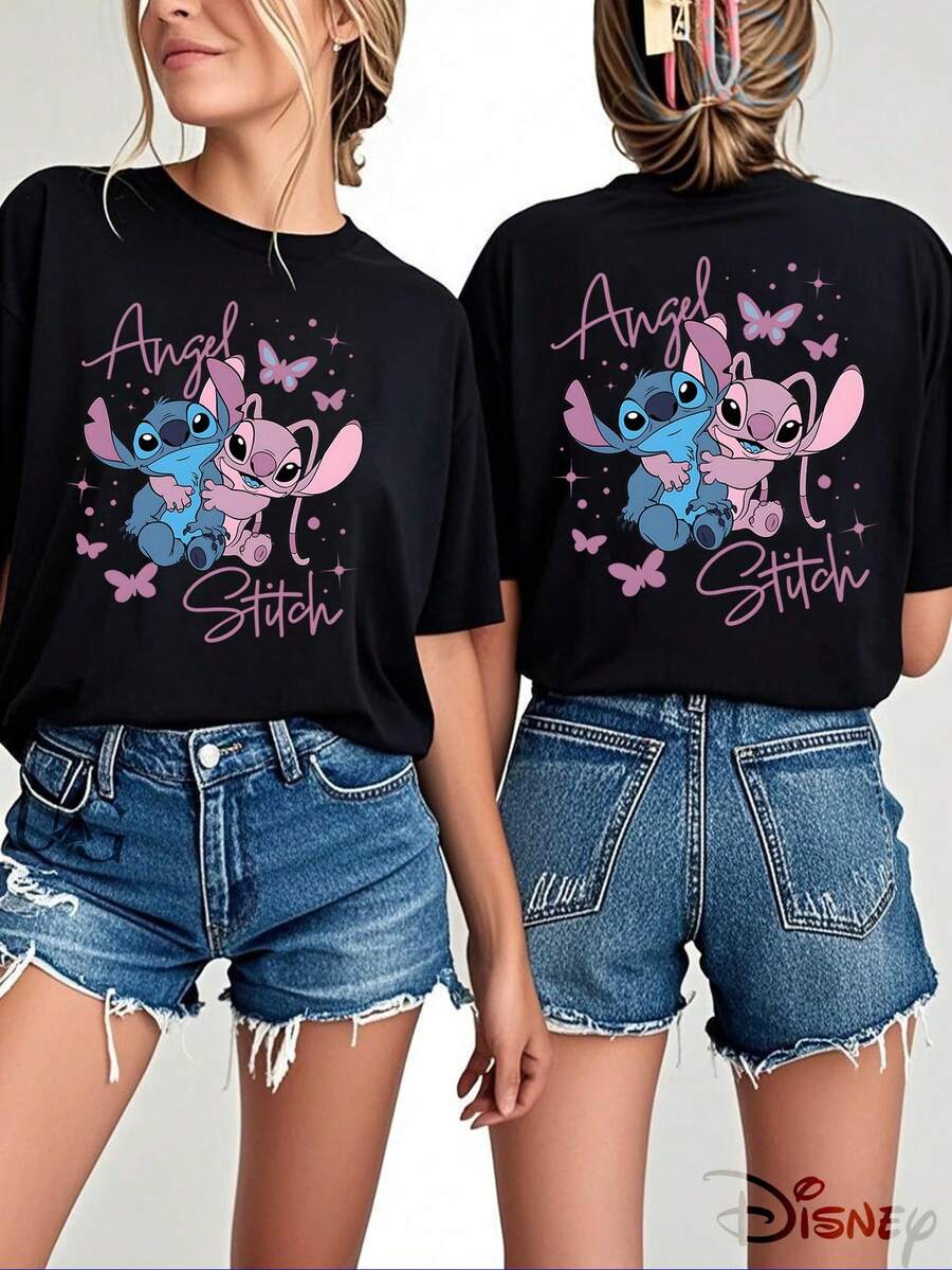 Official Disney Lilo & Stitch Stitch?Angel Purple?Butterfly Star Handwritten?Font Hug Front & Back Print T?Shirt For Women, Cute Healing?Style Oversized Drop?Shoulder Top, Anime?Lover Couple?Dating Bestie Daily?Casual Tee - 黑色 - 查看 1