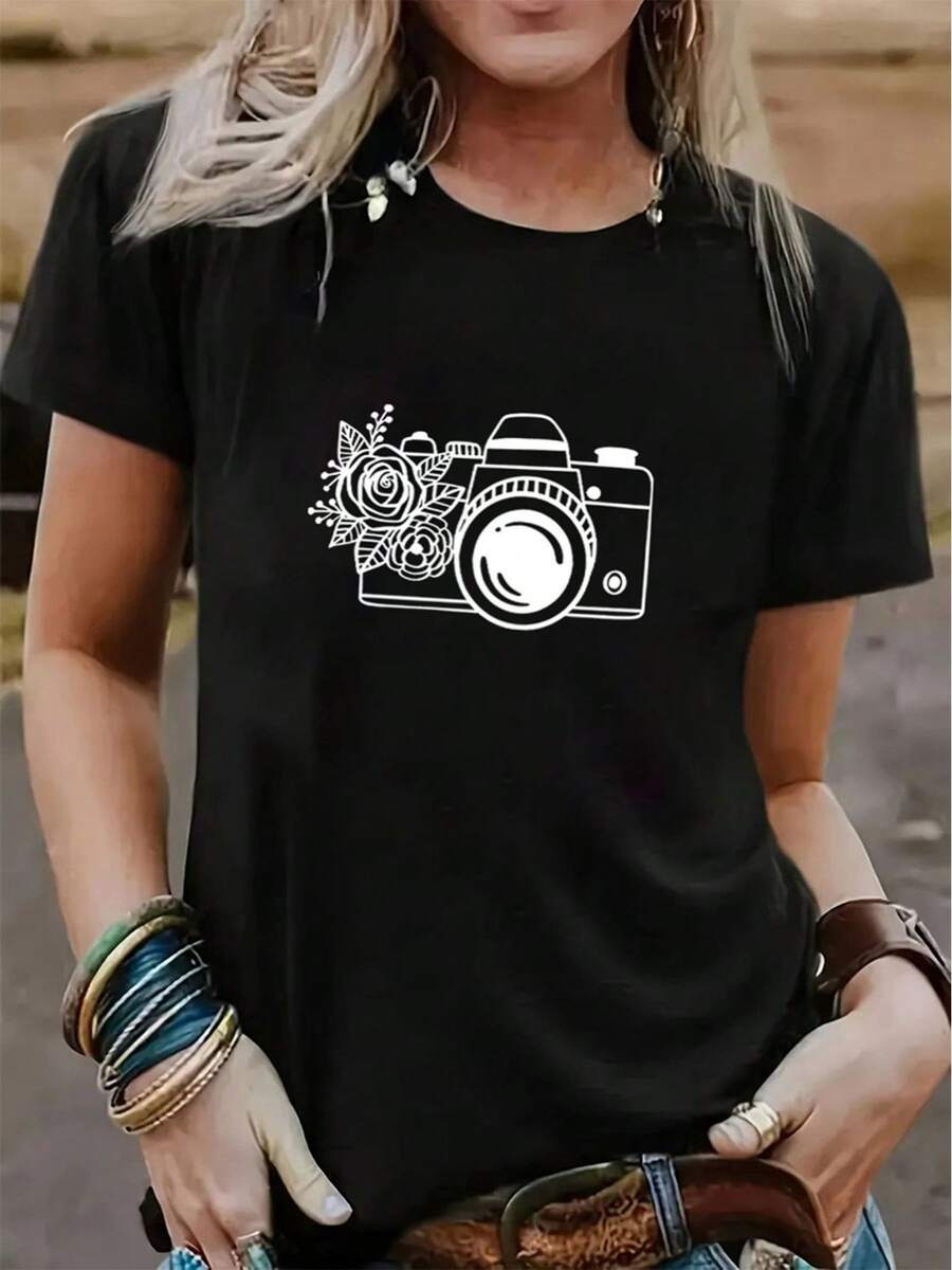 Camiseta Mujer Camara Estampado Flores Primavera y Verano Casual Suelta Cuello Redondo Manga Corta[COD] - Negro - Ver 1