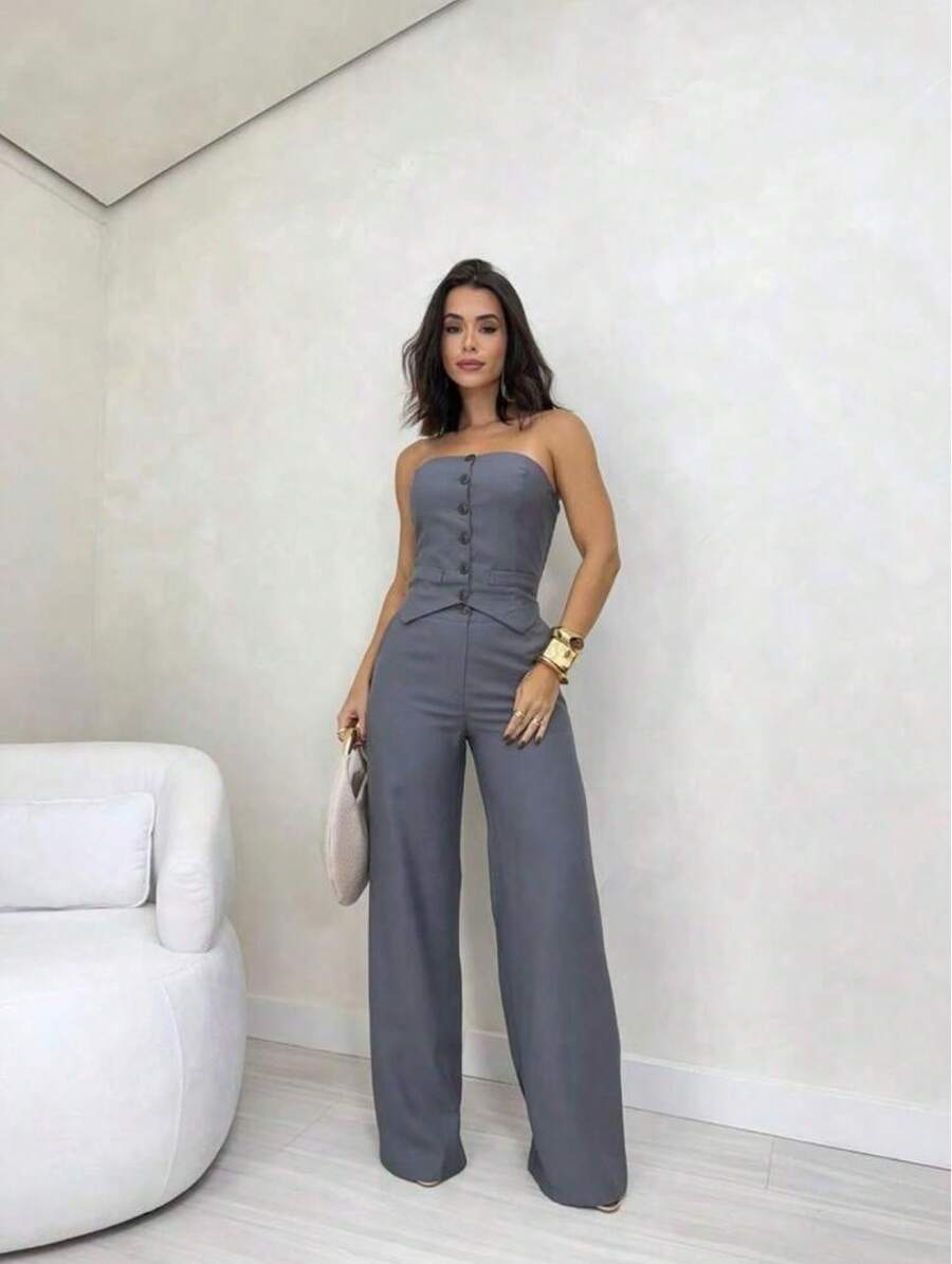 Tailored Cropped Top With Buttons And Wide-Leg Trousers. - 灰色 - 查看 1