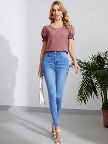 Blusa con cuello de ojal y manga abullonada, blusas de manga corta - Rosa - Ver 5