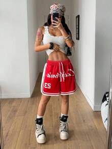 Pantalones cortos deportivos negros de malla transpirable para mujer, ropa deportiva de primavera/verano - Rojo 2 - Ver 5