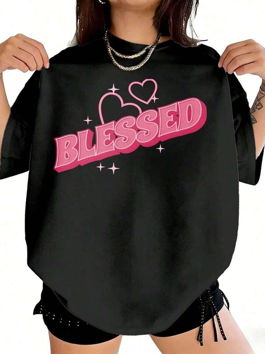 Camiseta Casual para Mujer con Estampado de Corazones Rosados - Cuello Redondo, Ropa de Moda para Damas, Ligera y Transpirable, Conjuntos de Vacaciones para Mujer, Ropa de Verano para Mujer, Camiseta de Algodón - Negro - Ver 1