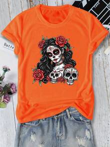 Blusa casual para mujer con una figura femenina con maquillaje del Día de Muertos en la cara y rosas rojas en el cabello, junto con un pequeño estampado de calavera. Camiseta de manga corta con cuello redondo, adecuada para primavera, verano, otoño e invierno. Un top versátil y de estilo retro-casual para uso diario, trabajo o vacaciones. Disponible en múltiples colores, tallas S-XXL. - Albaricoque - Ver 9
