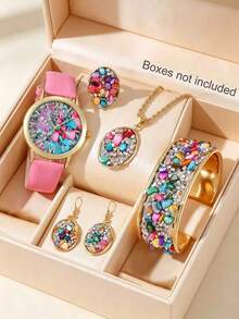 SOKI SOKI Women's Watch, Exquisite Fashion Watch Inlaid With Multicolor Rhinestones And Crystals, Stylish Jewelry Set Including Necklace, Eargs, Bracelet And Ring, Perfect For Daily Wear, Birthday Gifts, Parties, Holiday Gatherings, And An Ideal Gift For Yourself Or Friends (Box Not Included) - Pink - View 2