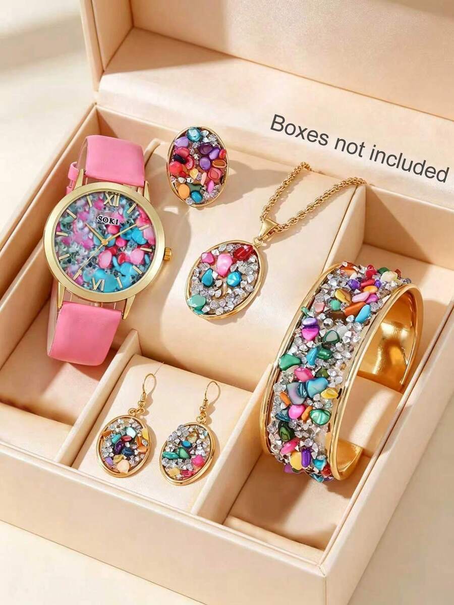 SOKI SOKI Women's Watch, Exquisite Fashion Watch Inlaid With Multicolor Rhinestones And Crystals, Stylish Jewelry Set Including Necklace, Eargs, Bracelet And Ring, Perfect For Daily Wear, Birthday Gifts, Parties, Holiday Gatherings, And An Ideal Gift For Yourself Or Friends (Box Not Included)