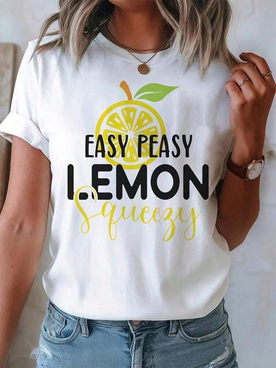 Camiseta Casual de Manga Corta para Mujer "Easy Peasy Lemon Squeezy" - Cuello Redondo Blanco, Tela Ligera y Transpirable, Lavable a Máquina, Perfecta para Primavera, Verano y Otoño - Un Regalo para Amigos y Familiares, Lemon Kitchen Apparel.Camiseta con Diseño Divertido.Tela Transpirable.Transpirable y cómoda.