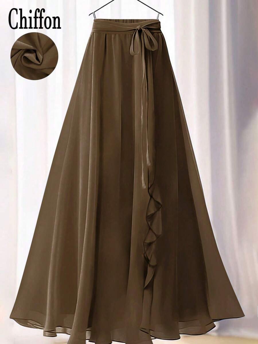 Saia Longa Elegante Feminina Cor Sólida com Renda Floral/Babado na Cintura com Amarração e Drapeado em Modelo A-Line - Castanho - Visão 1