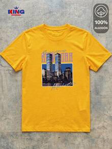 King T-shirt Playera 100% algodón de excelente calidad, esta playera garantiza una suavidad excepcional al tacto, cuello redondo con estampado "New York Manhattan Vintage Skyline" y manga corta - Amarillo Mostaza - Ver 2