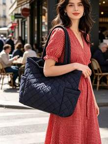 Fashionable Minimalist Large Capacity Multi-Pocket Shoulder Tote Bag, Suitable For School, Work, Travel And Commute - Black - View 3