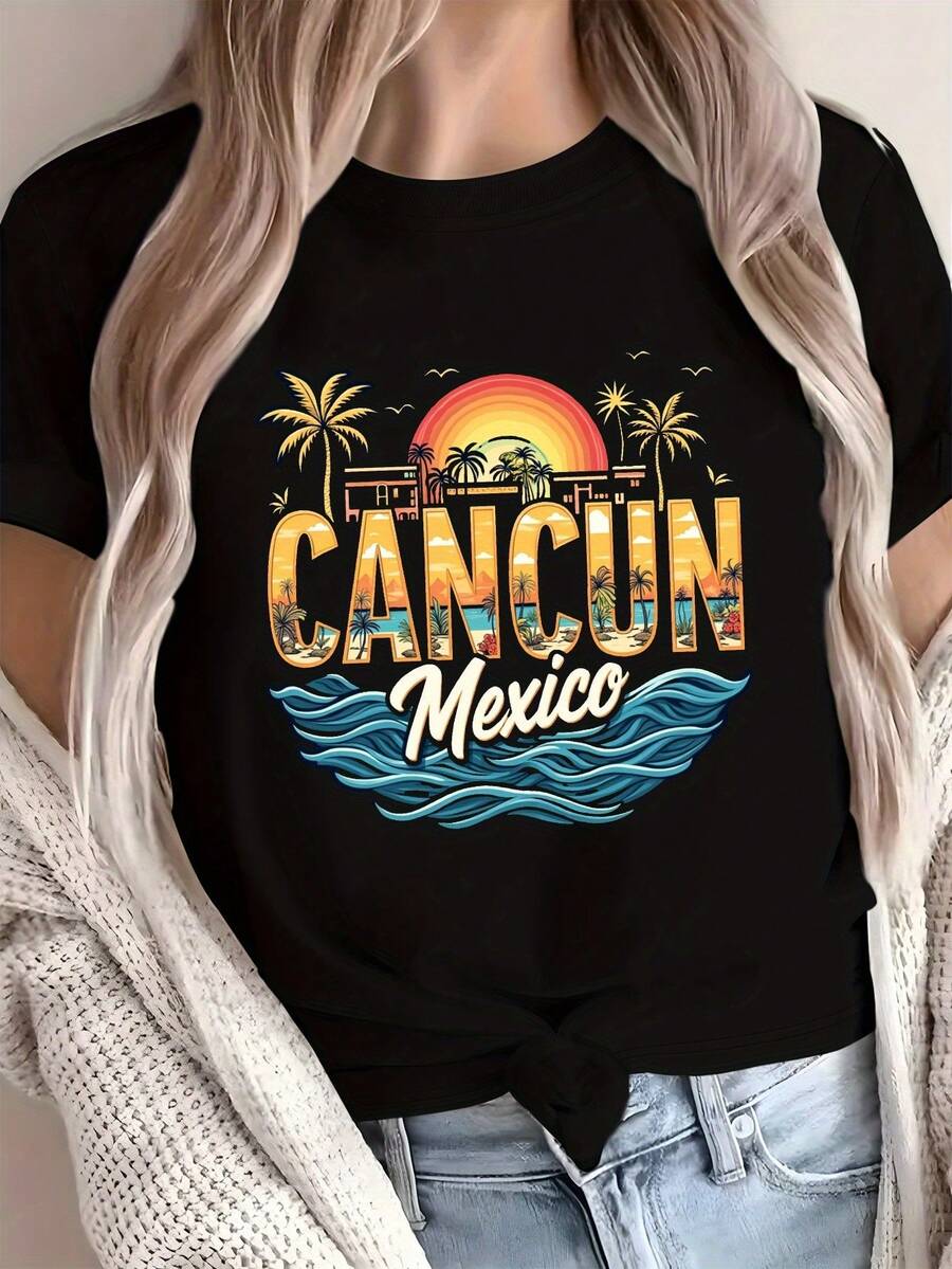Camiseta de Algodón Suave para Mujer - Temática Vacaciones en Cancún, México, con Diseño de Palmeras y Ondas - Camiseta Ligera para Uso Diario, Verano, Playa, Fiesta, Viaje, Recuerdo - Lavable a Máquina, Top Casual, Diseño de Atardecer, Ajuste Cómodo, Camiseta de Recuerdo de Playa, blusa casual mujer - Negro - Ver 1