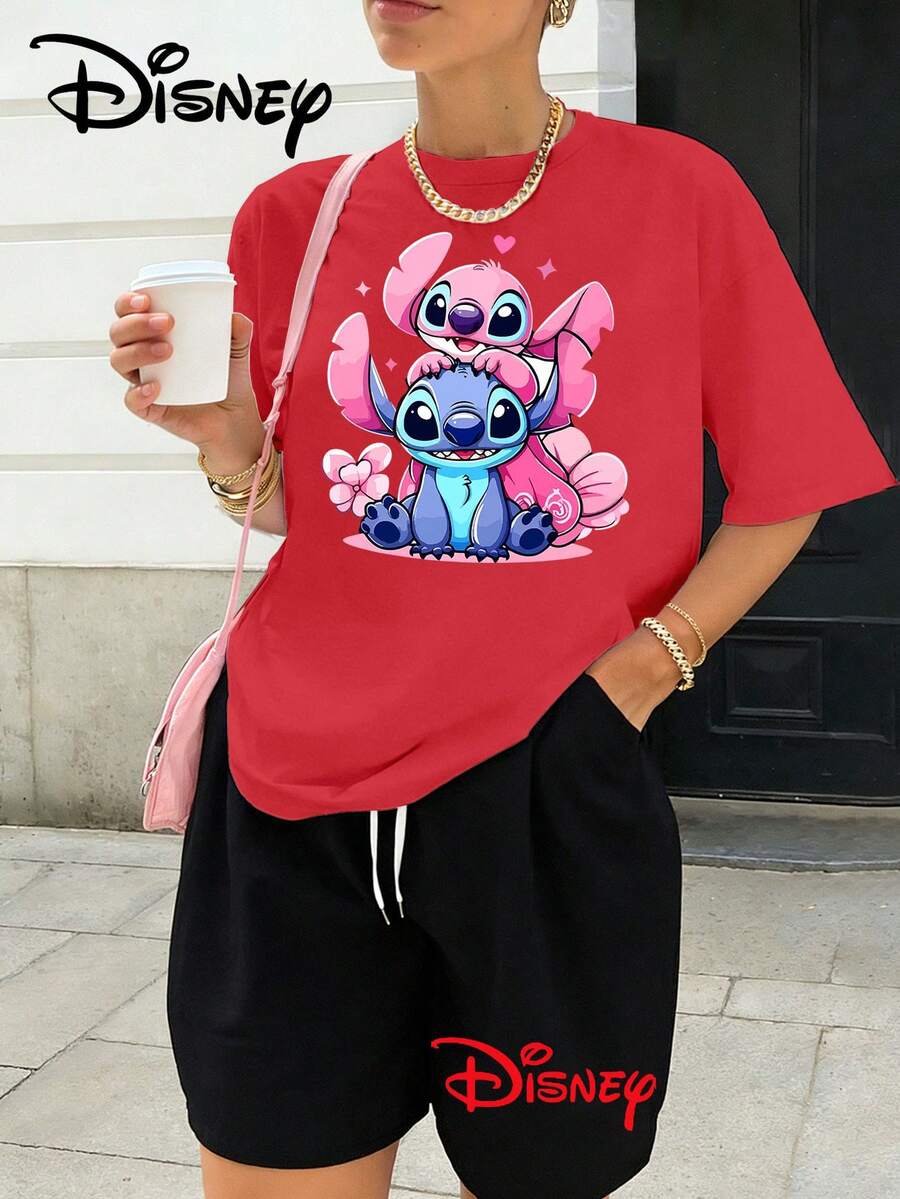 Women's Summer Short Sleeve And Shorts Two-Piece Set, Ideal For Sports And Casual Daily Outdoor Wear. Designed With Classic Disney Lilo & Stitch Prints. - Đỏ - Xem 1