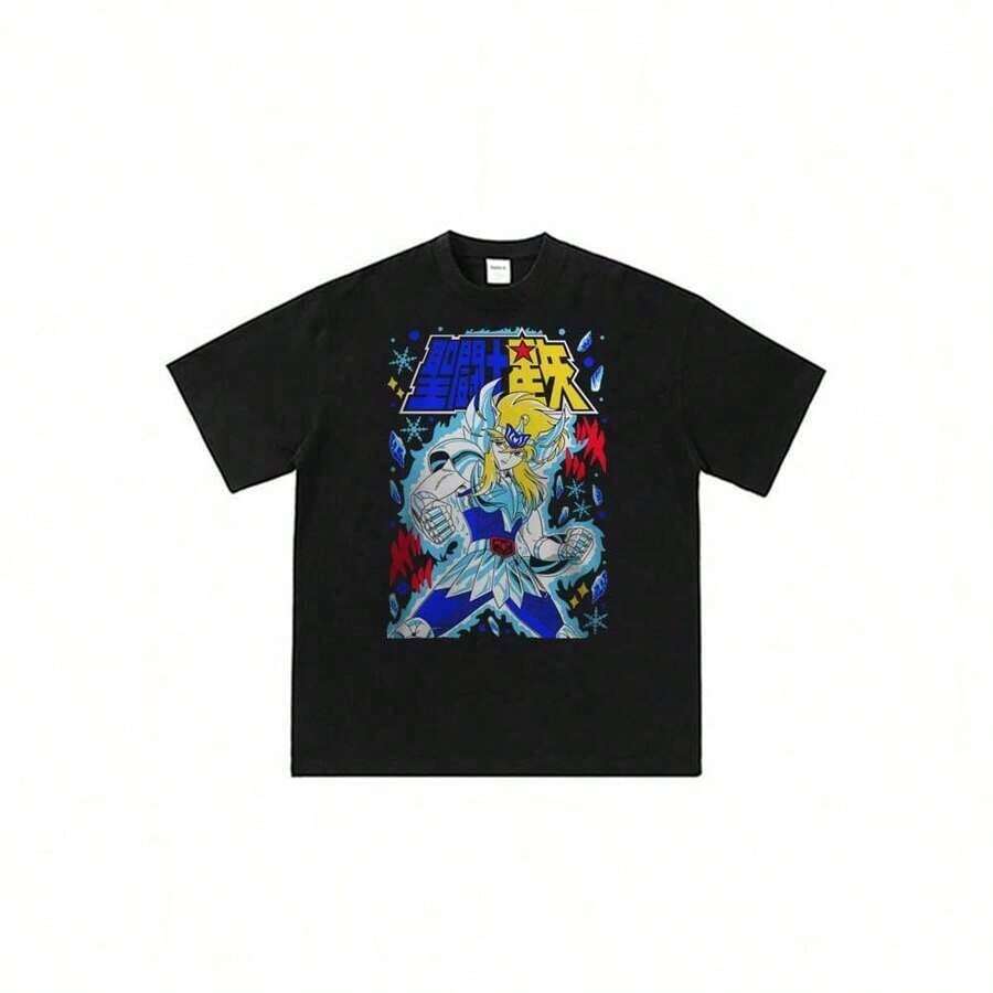 Camiseta unisex de manga corta ligera con estampado de la figura clásica de anime Saint-Seiya-Cygnus-Hyoga. | Diseño exquisito | Suelto y cómodo | Fácil de combinar | - Negro - Ver 1
