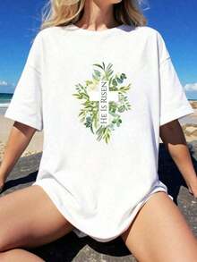 100% Algodón Unisex 1 pieza - Camiseta de Pascua Feliz con Estampado Floral Él Ha Resucitado Cruz de Jesús - Camisetas Gráficas para Mujer, Camiseta Casual de Manga Corta para Todas las Temporadas, Ropa de Mujer 230g Camiseta de Algodón - Blanco - Ver 6