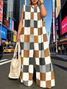 Plus Size Women's Sleeveless Jumpsuit With Colorful Plaid Print, For Summer - 摩卡棕 - 查看 4
