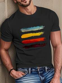 Camiseta de manga corta para hombre, novedad de verano 2026, de moda casual, con cuello redondo, transpirable y de secado rápido, con estampado gráfico de rayas coloridas estilo pincelada, para uso diario y urbano. - Negro - Ver 6