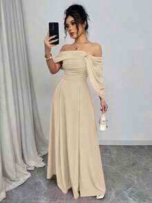 xheRafferiza Vestido entero con cuello alto retorcido y cintura con drapeado sin tirantes para mujeresxhe - Albaricoque - Ver 1