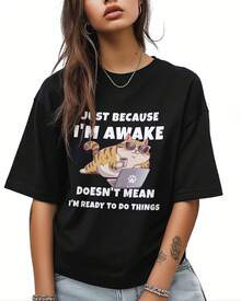 Camiseta estampada para mujer, con diseño de gato de dibujos animados y texto divertido, camiseta de algodón para niñas con mangas cortas y cuello redondo, top casual de verano para fitness. - Negro - Ver 3