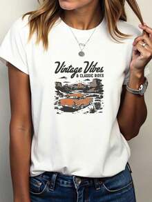 Camiseta Deportiva Casual de Cuello Redondo con Estampado de Coche Clásico y Estilo Retro - Camiseta de Manga Corta para Mujer, Moda Y2K, Cómoda para Todas las Temporadas, Lavable a Máquina, Prenda Hecha de Tela de Alta Calidad - Blanco - Ver 3