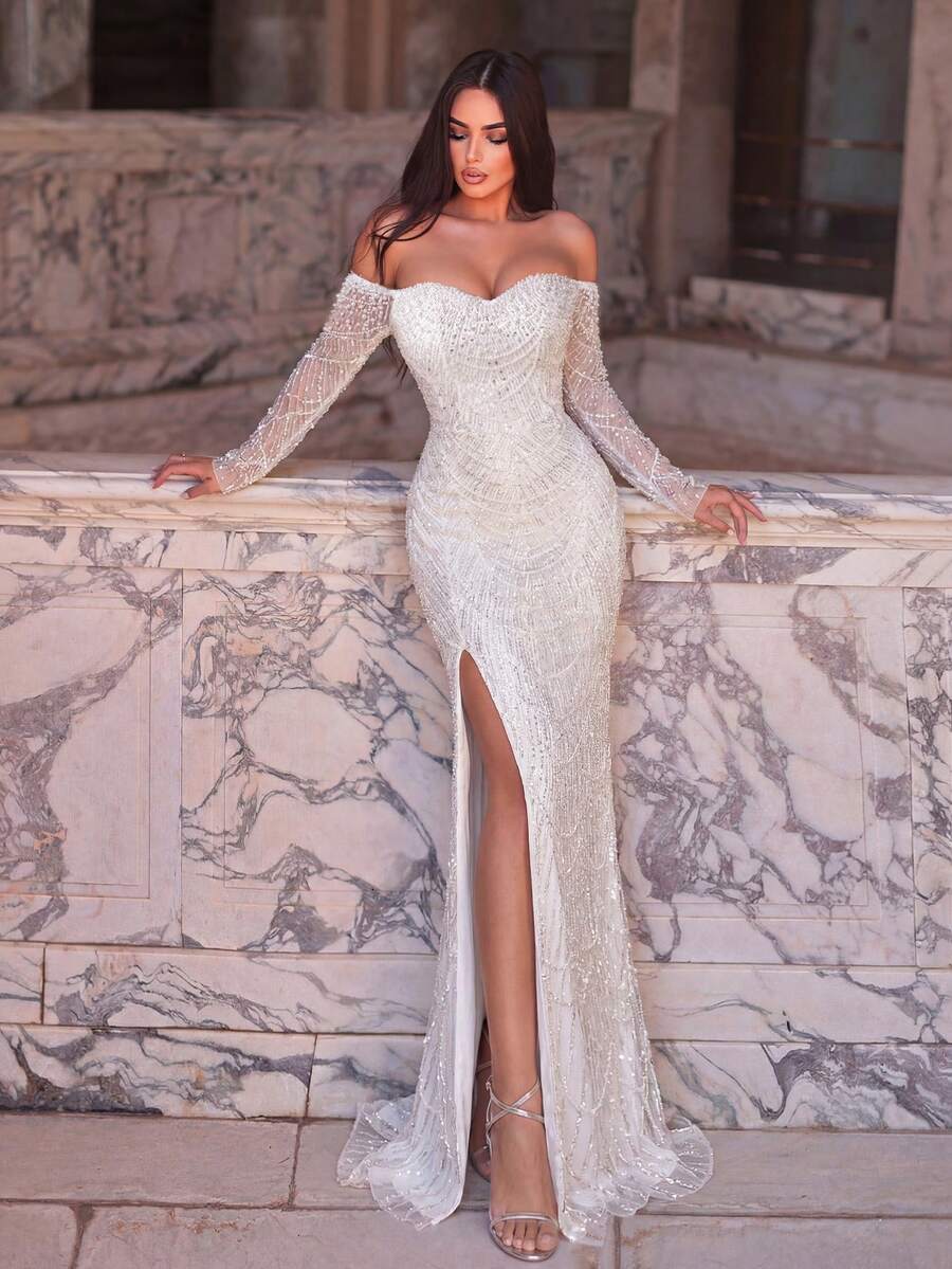 Faeriesty Elegant Off-Shoulder Long Sleeve Sequin Rhinestone Slit Party Dress For Women Wedding White Fall
