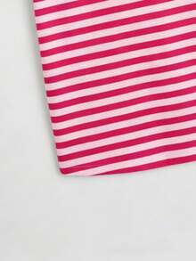 Loose Plus Size Pink & Burgundy Striped Print Women Casual Round Neck Short Sleeve T-Shirt, Fashion Top For Spring/Summer - Multicolor - View 5
