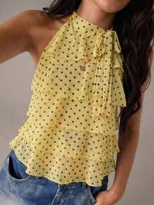 Parte superior de halter con volantes y estampado de lunares para mujer, elegante, para verano, vacaciones de primavera, Día de San Valentín, carnaval, playa, vacaciones de verano, parte superior de lunares amarillos, nuevos lanzamientos 2026, adecuada para vacaciones en la playa, citas, uso casual y días festivos - Amarillo - Ver 1