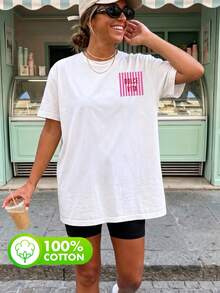 大码女式街头风 100% 纯棉 Dursevita 字母条纹图案圆领短袖休闲夏季白色T恤 - 白色 - 查看 7