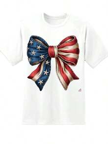 1 Piece Patriotic T-Shirt With American Flag Bow For Women, Casual Graphic Design For Independence Day Celebration, 4th Of July Party Outfit, Red, White And Blue Stars And Stripes Design, 220g/180g 100% Cotton. - 白色 - 查看 3