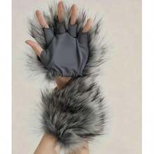Set 3 pcs: Bando Telinga Serigala + Sarung Tangan Serigala Berbulu + Ekor, Kostum Bulu Imitasi Buatan Tangan untuk Pesta Halloween dan Permainan Peran - Grey - View 6