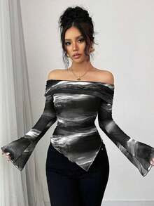 Camiseta sencilla de manga larga y hombros descubiertos para mujer, casual para uso diario, camisetas gráficas para mujer, tops para primavera - Negro - Ver 4