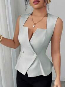 Blusa sin mangas de línea A con cuello de volantes elegante para mujer, adecuada para ir al trabajo, vacaciones, citas, salidas, jardín, reuniones familiares, Día del Trabajo, días festivos, Día de la Independencia, vuelta al colegio, maestros, Halloween, Acción de Gracias - Celeste - Ver 4