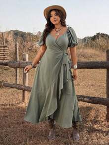 Ceyna Vestido de mujer talla grande elegante y minimalista para vacaciones, con cuello de ojo de cerradura, mangas de pétalo y lazo delantero - Verde - Ver 4