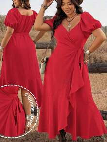 Ceyna Vestido de mujer talla grande elegante y minimalista para vacaciones, con cuello de ojo de cerradura, mangas de pétalo y lazo delantero - Rosa Roja - Ver 9